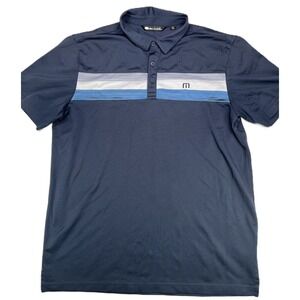Travis Mathew Mens Large Navy Blue Golf Polo Shirt Striped Chest Logo